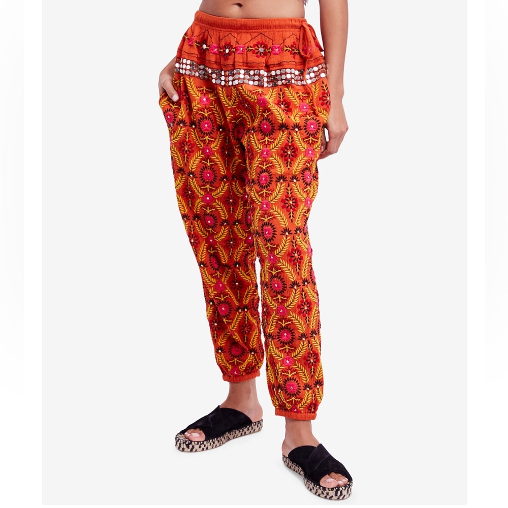 Free People Orange and Yellow Embroidered Pants Marrakesh Embellished Harem